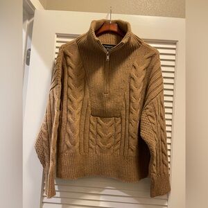 Cable-Knit Half-Zip Sweater Pullover - Camel